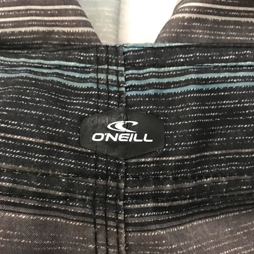 O’Neill Men's Size 32 Hybrid Board Shorts Blue Gray Stripe Tie Waist Surf‎ Beach